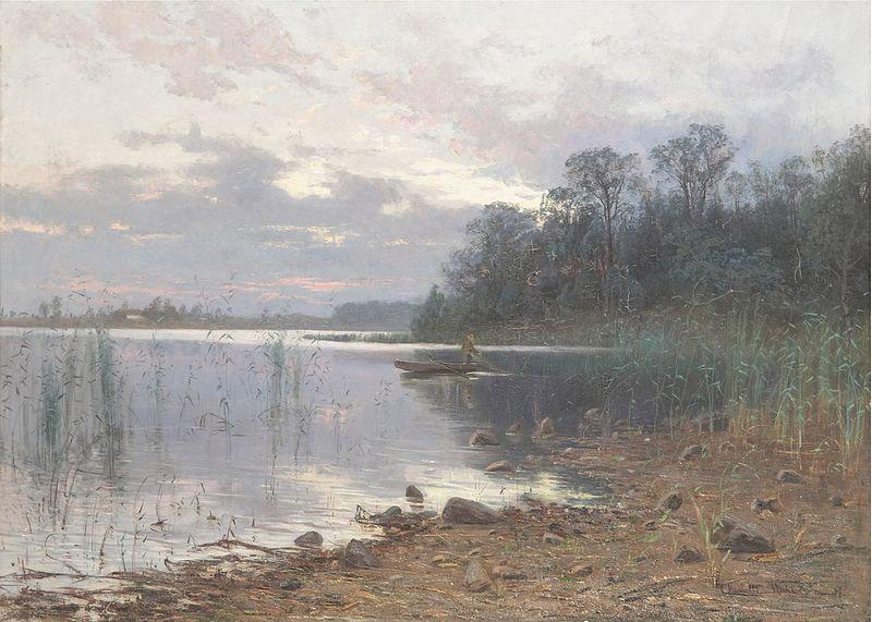 Charlotte Wahlstrom Lake landscape at dusk France oil painting art
